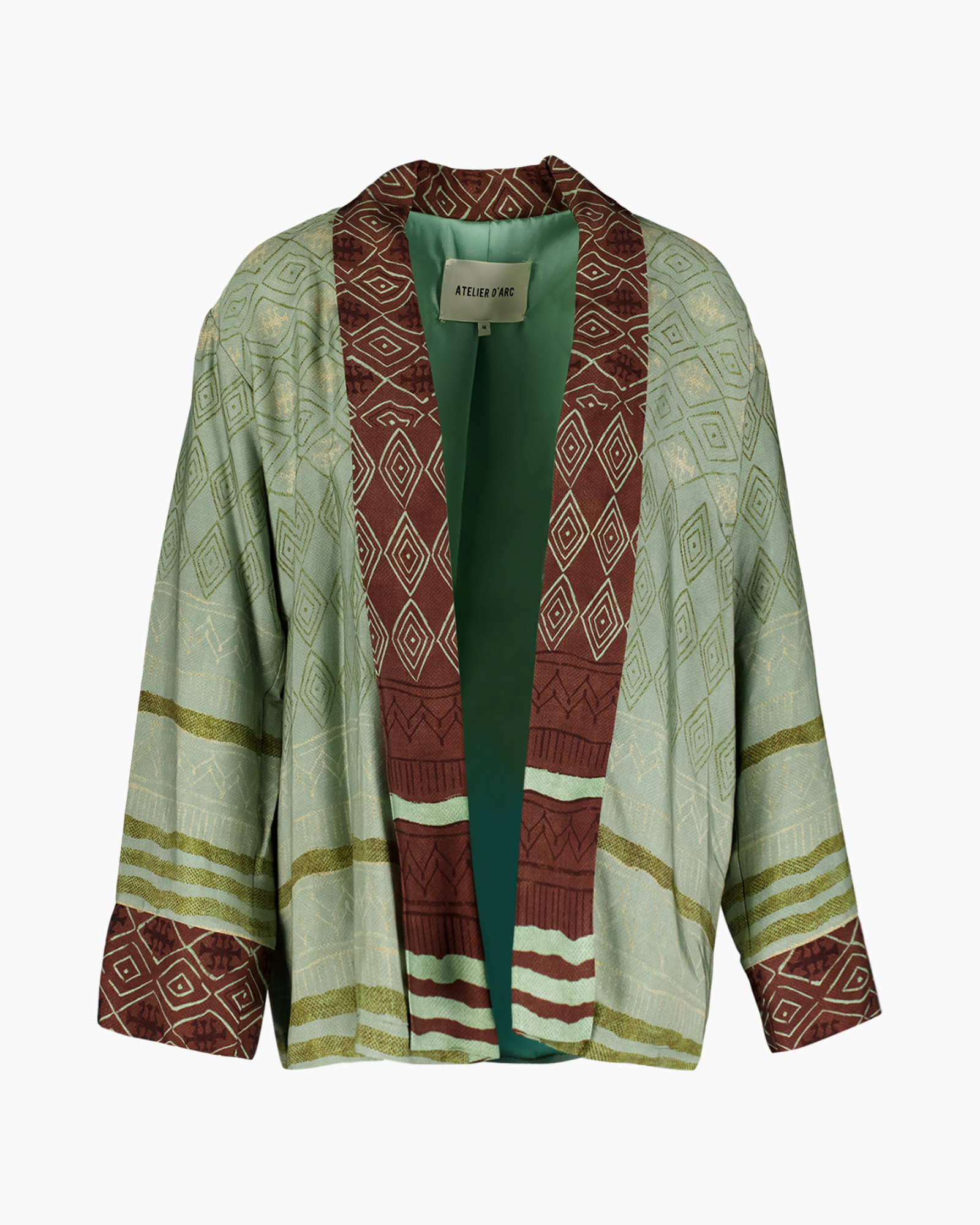 kimono, vest, groen, meetkundige patroon, linnenblend, kimono, vest, geometrisch patroon, groen, open voorkant