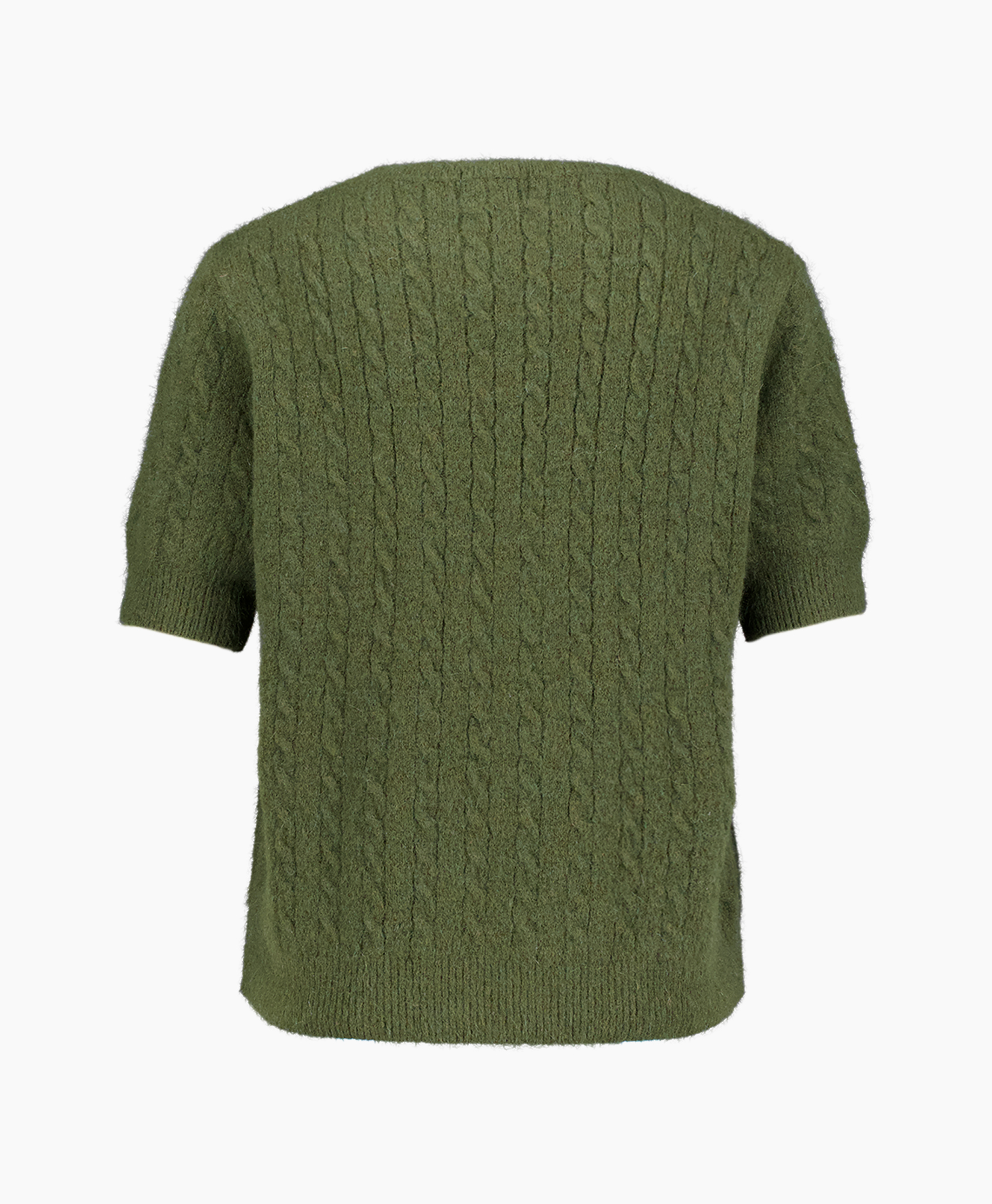 brei, trui, korte mouwen, kabel gebreid, olievent groen