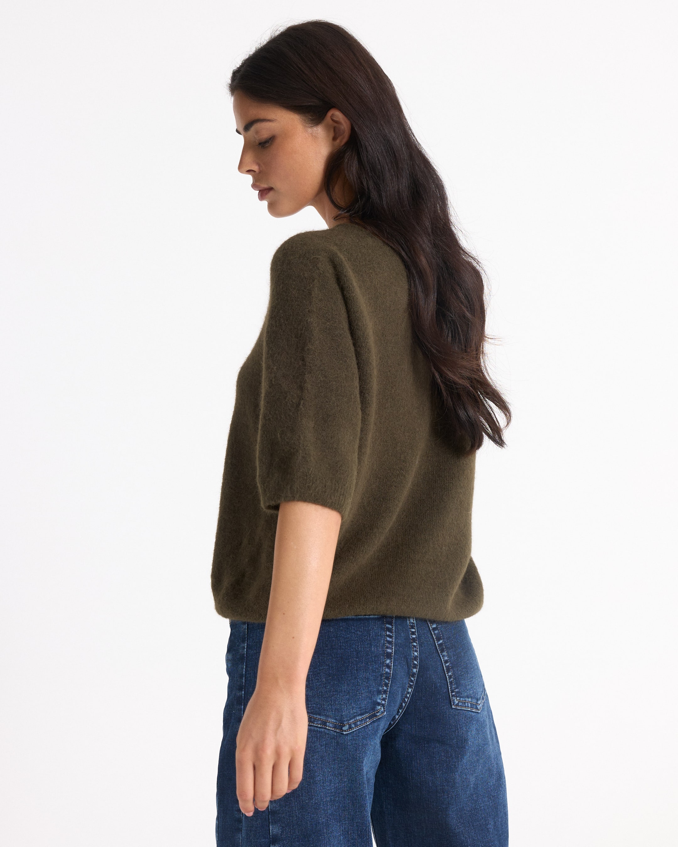 breipullovers, olijngroene, V-hals, driekwartmouw, pullovers]