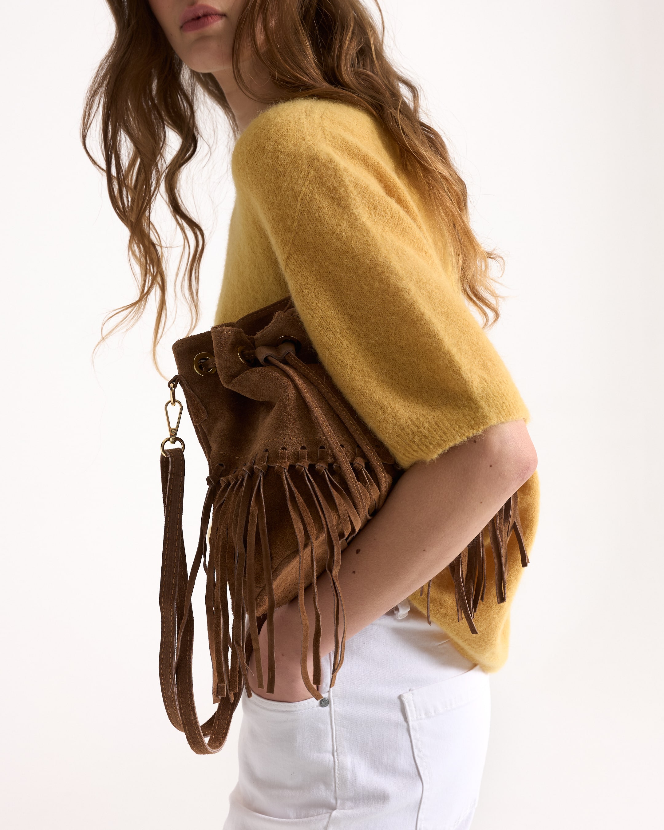 breipullie?, gele, korte mouw, franje tas, bruin tas