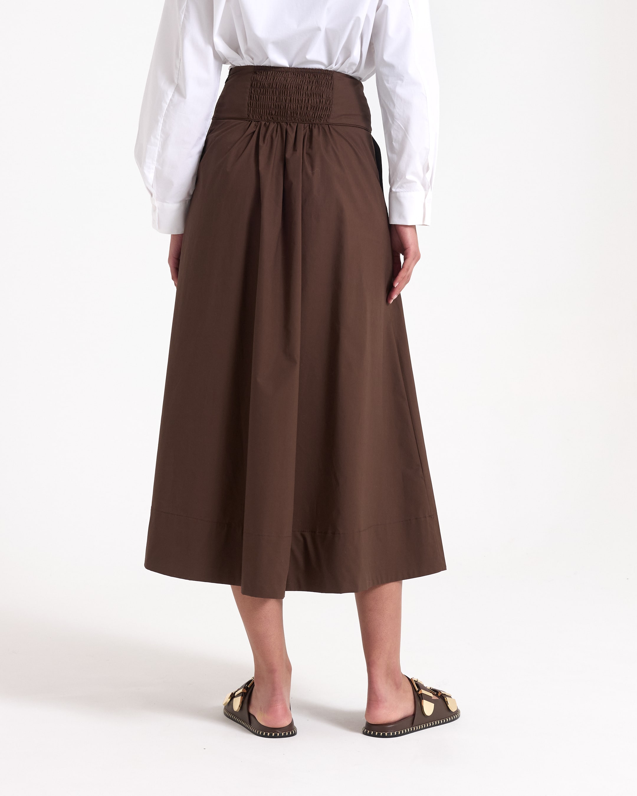 rok, middellang, bruin, elastische tailleband, plooit