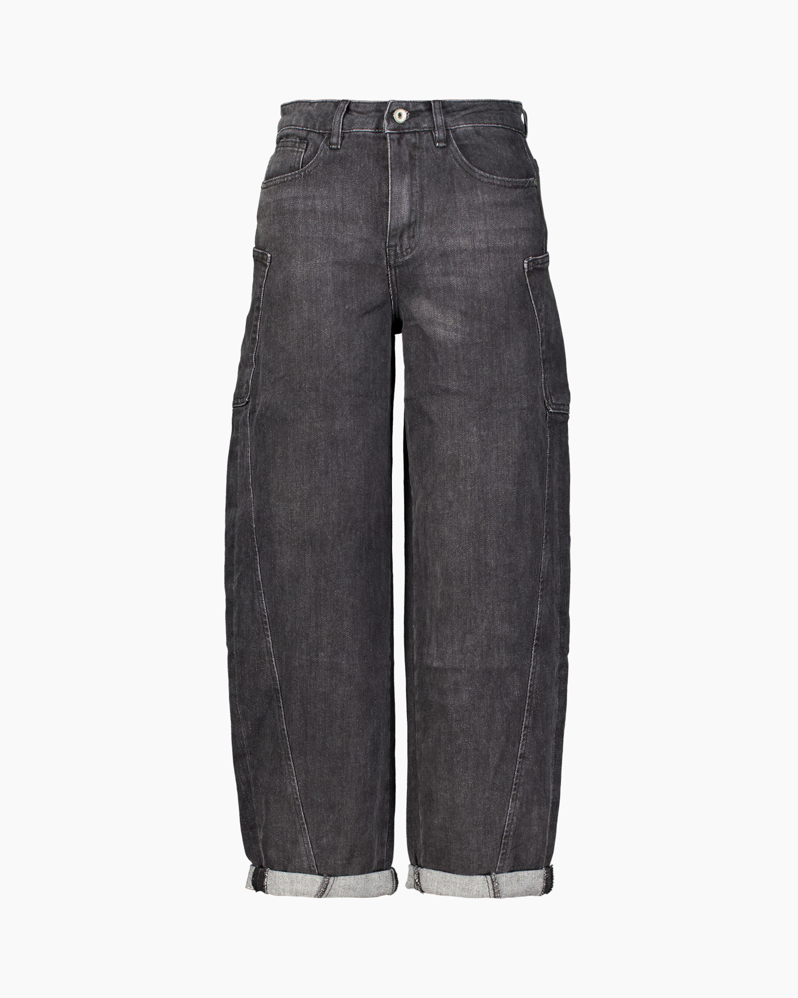 jeans, broek, cargozakken, grijs, wijd uitlopend