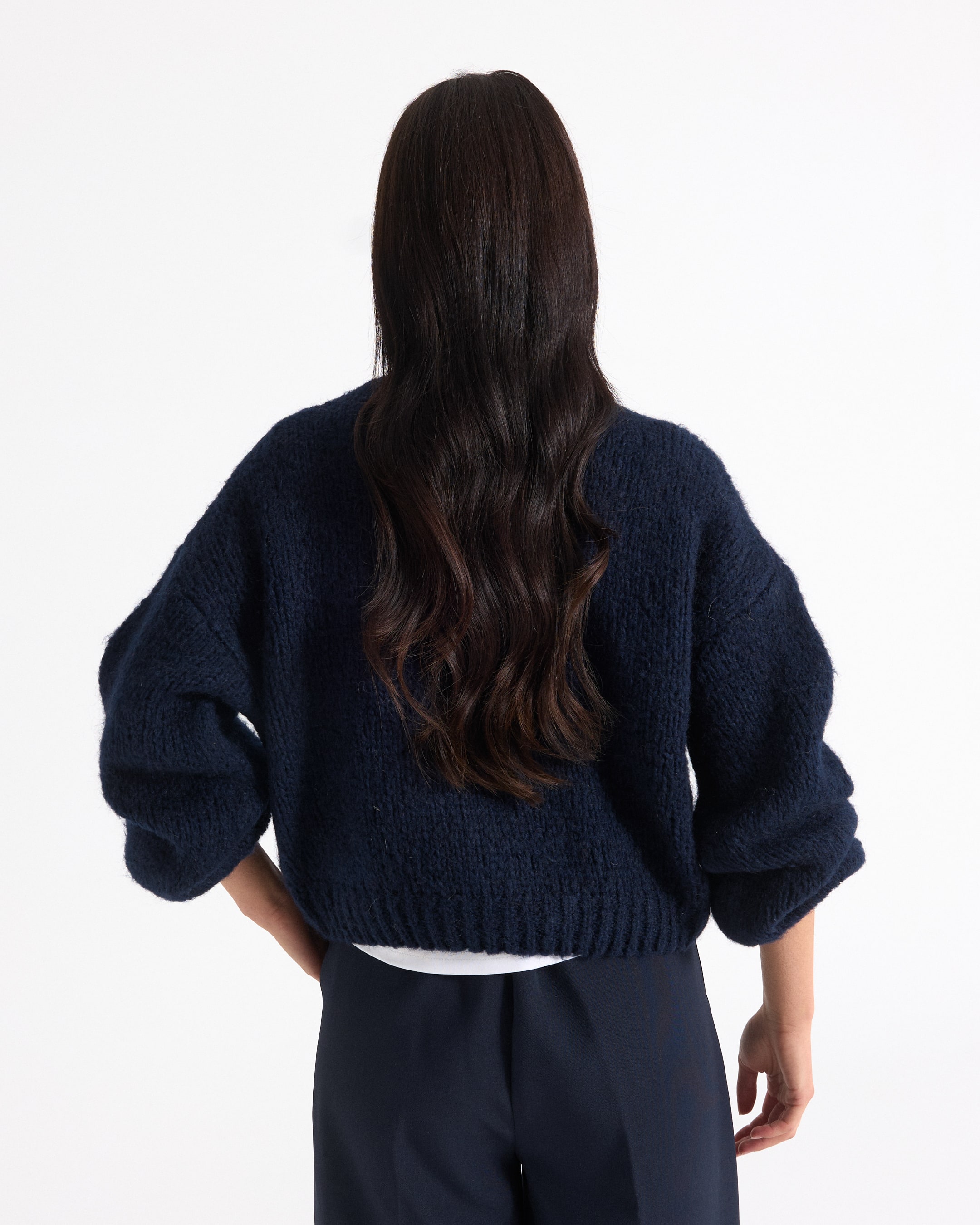 cardigan, breipeld, navy, lange mouwen, achterkant