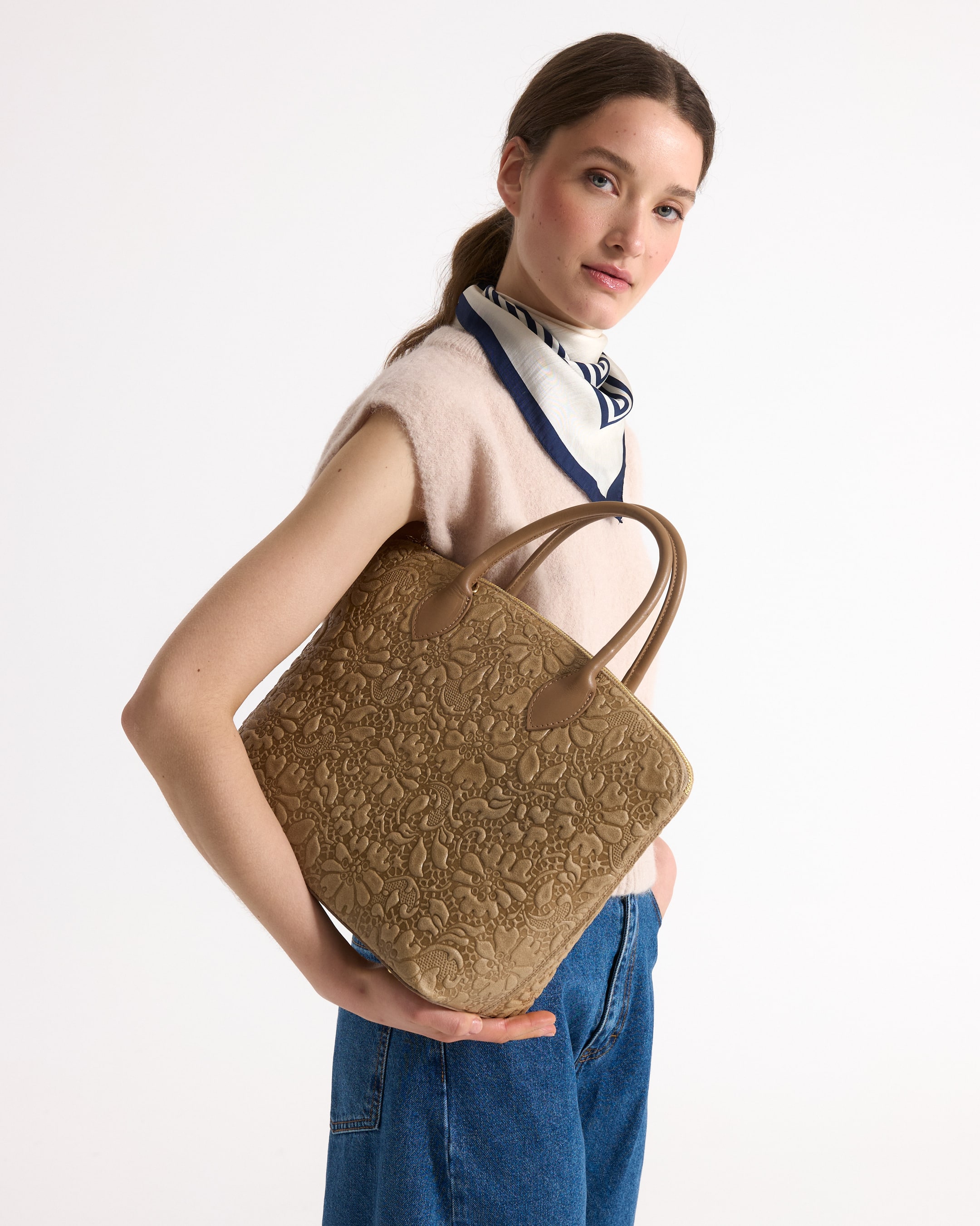 handtas, kante patroon, bruin, beige, tote tas