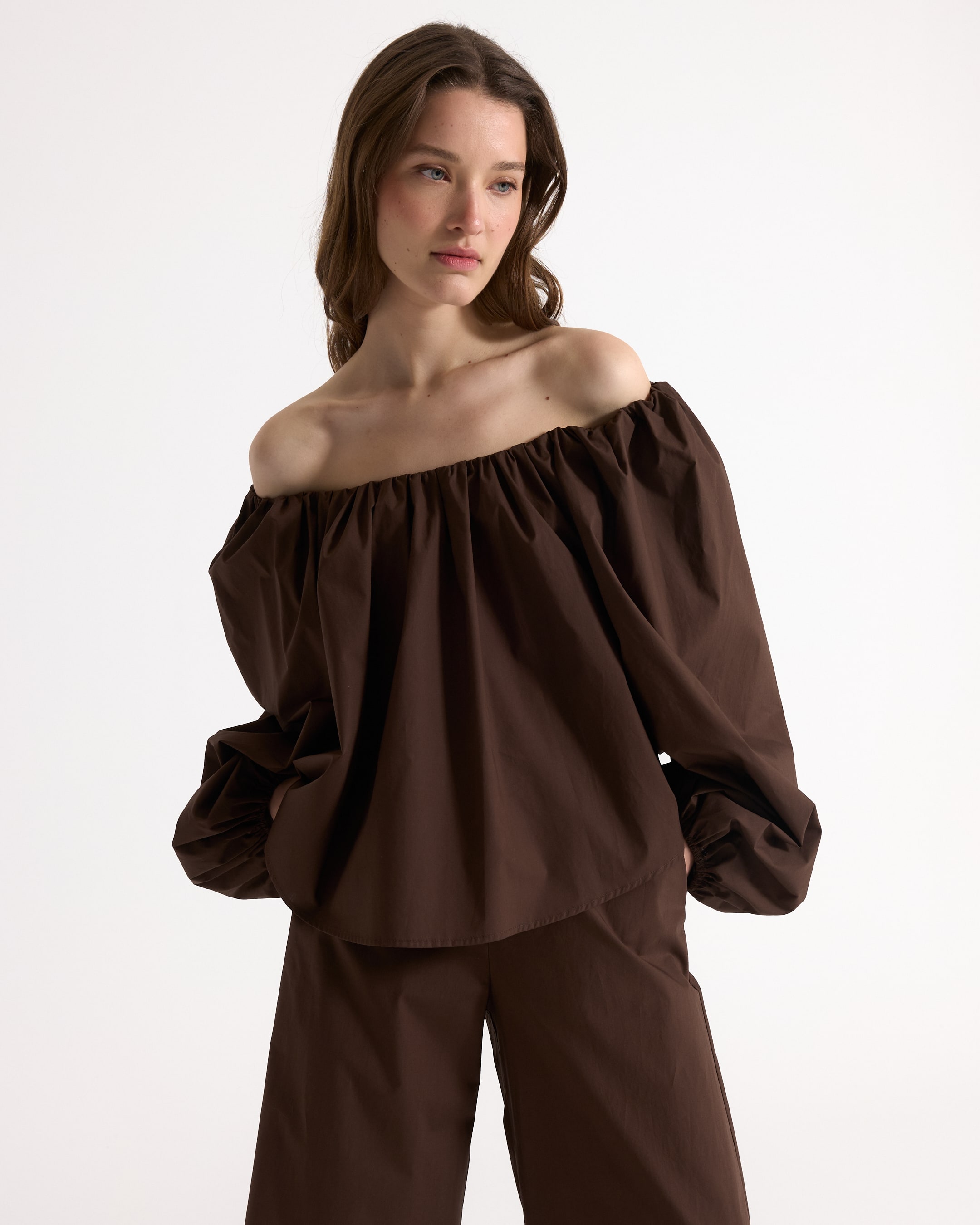 een schoudertop, losvallend, bruin, top, lange mouwen