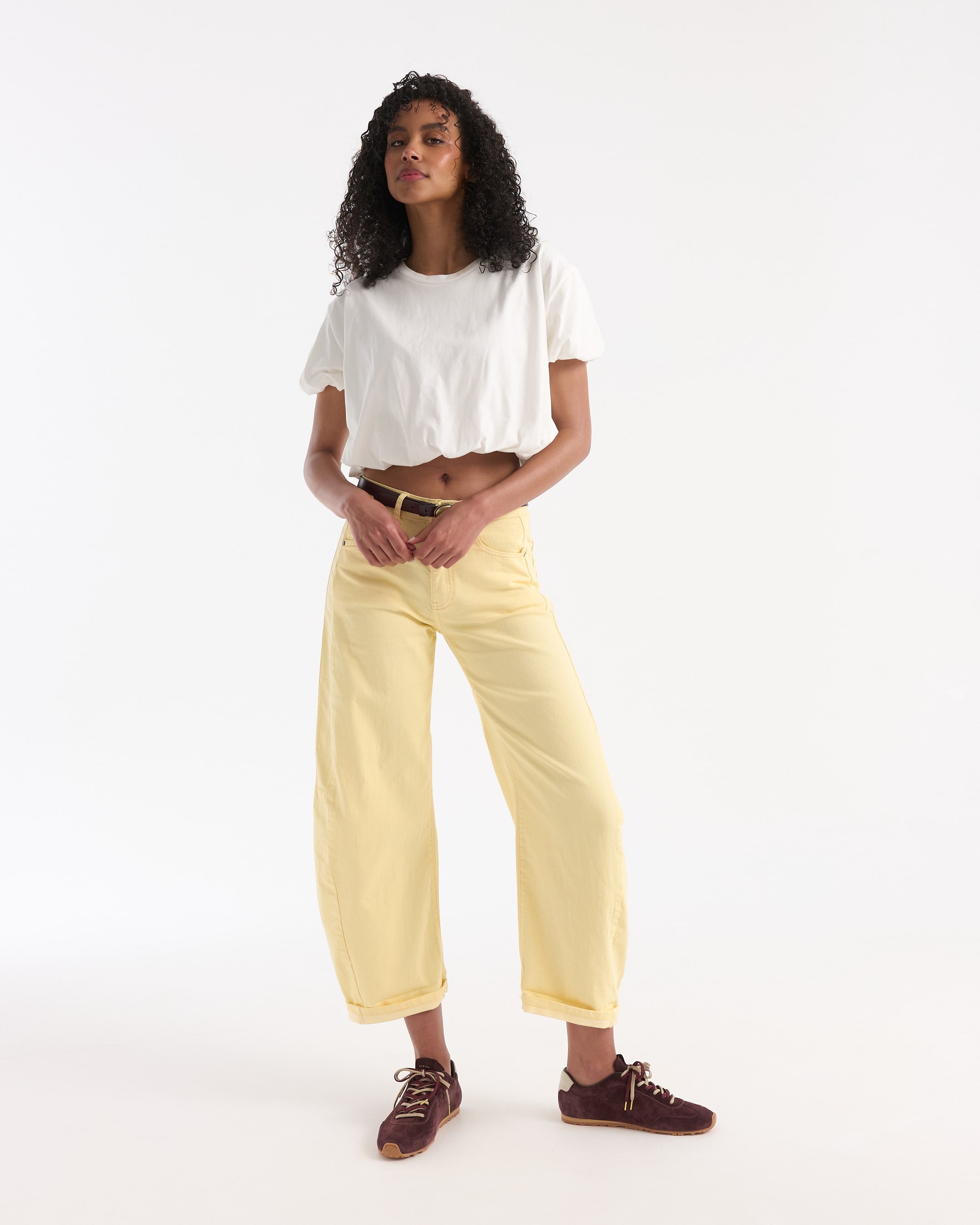 t-shirt, kort, wit, katoen, riem