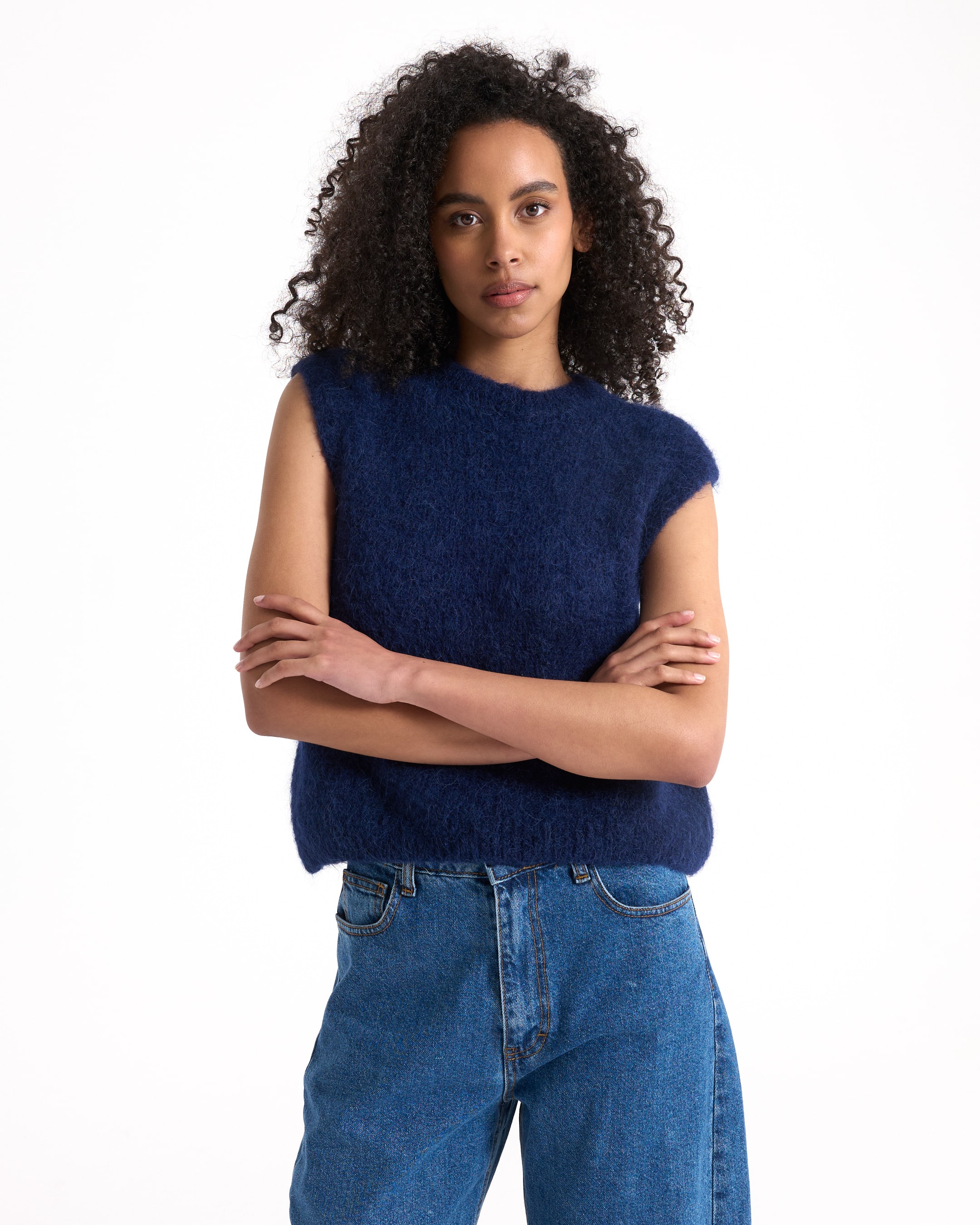 top zonder mouwen, gebreide trui, donkerblauw, damestop, casual pasvorm