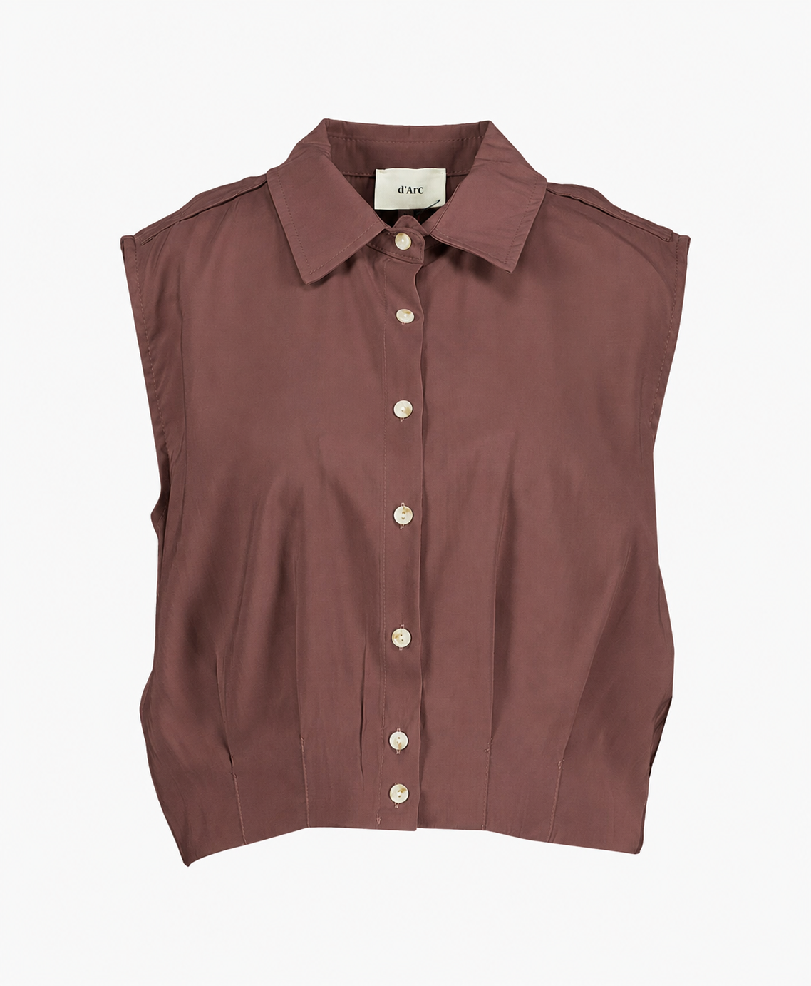 knopsluiting, zonder mouwen, bruin, kraag, top