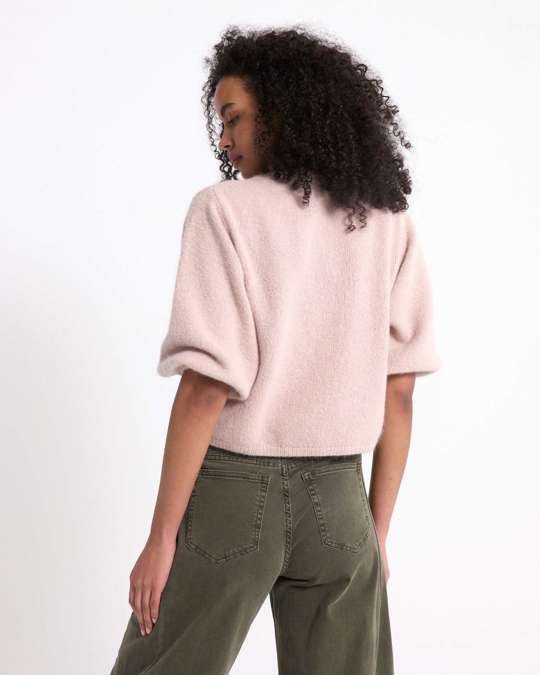 roze trui, zachte brei, korte mouwen, kort model, dames top