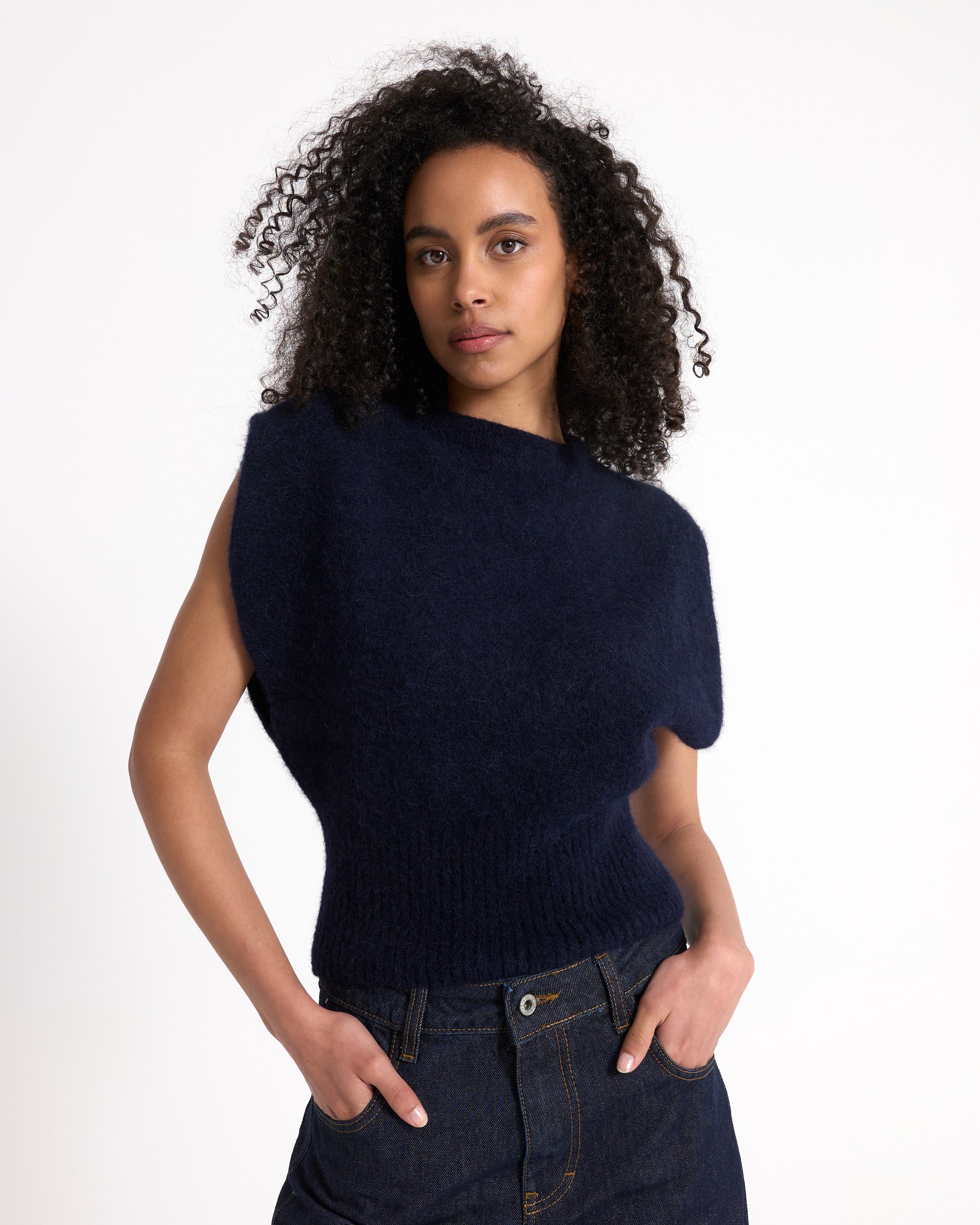 sweater, breip, donkerblauw, zonder mouwen, fashion top