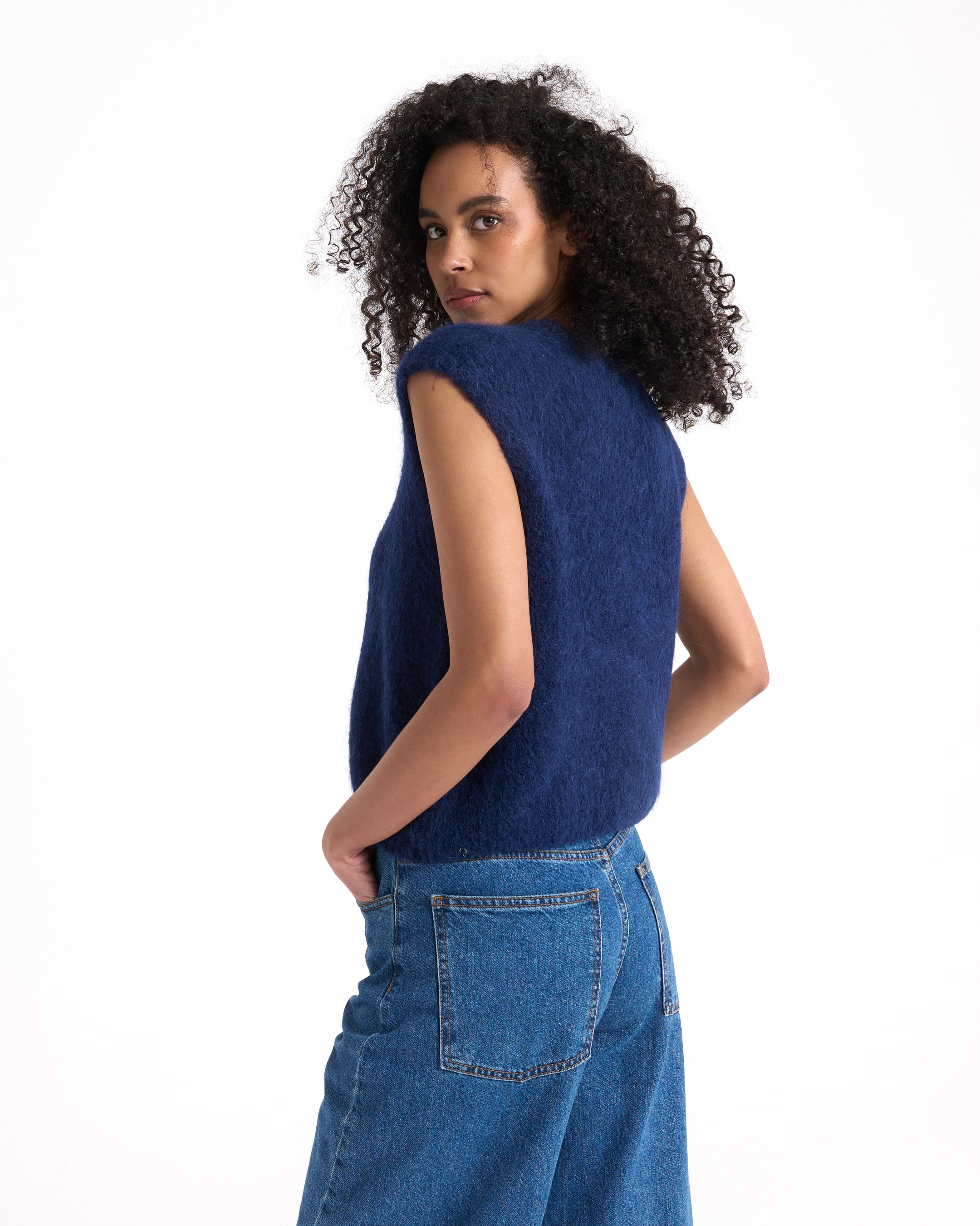 gebreide vest, mouwloos, blauw, textuur, jeans