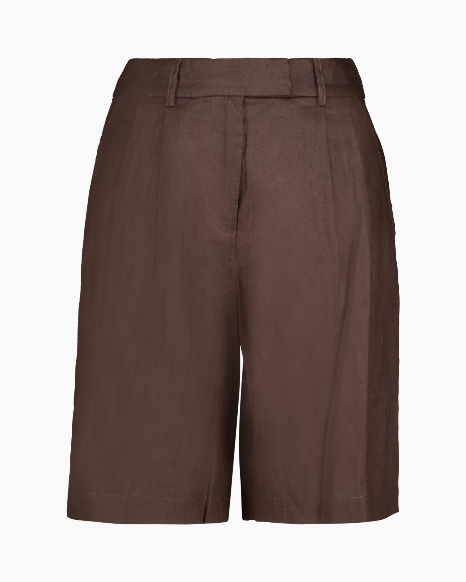shorts, bruin, linnen, plooien, tailleband