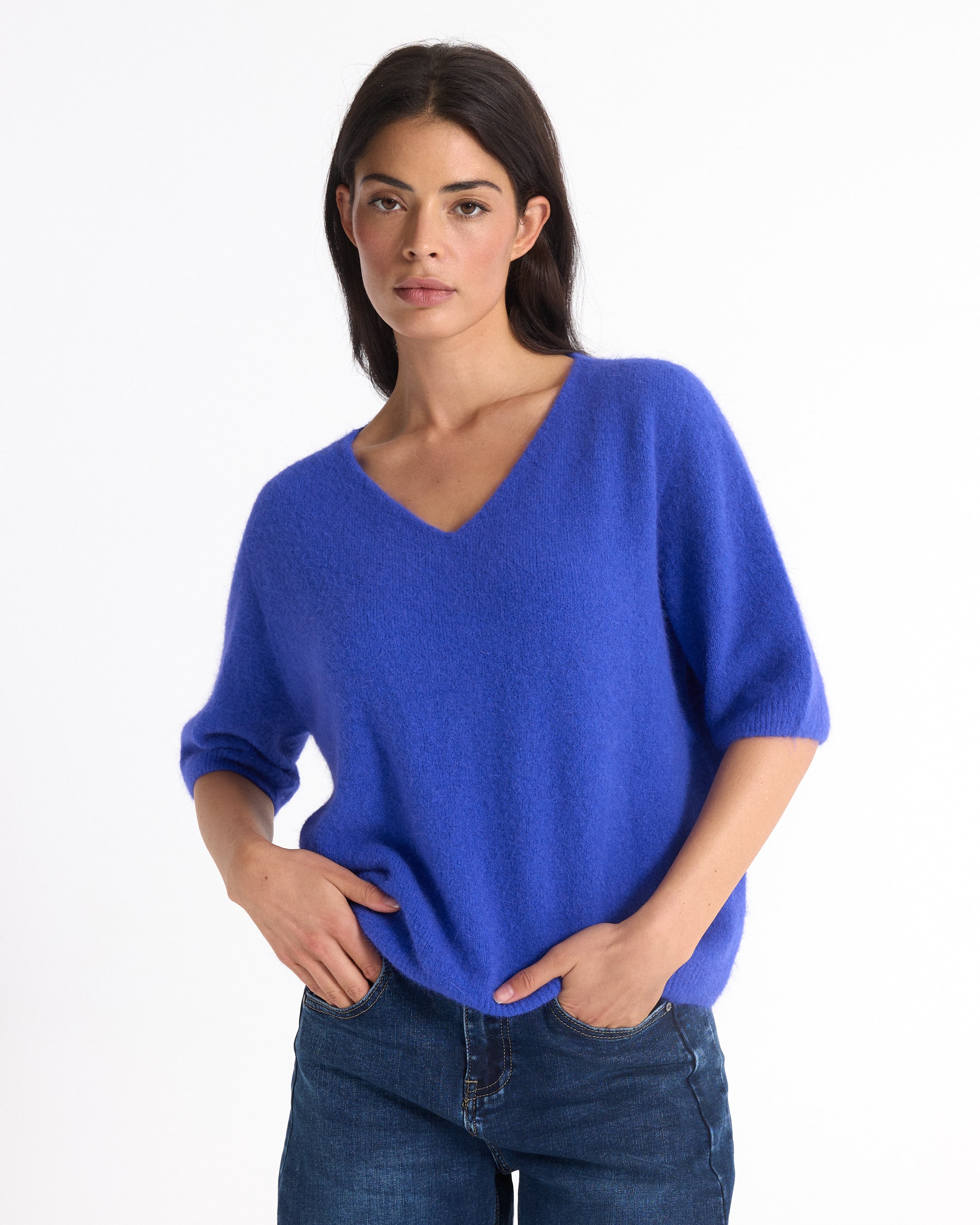 blauw, trui, V-hals, brei, korte mouwen