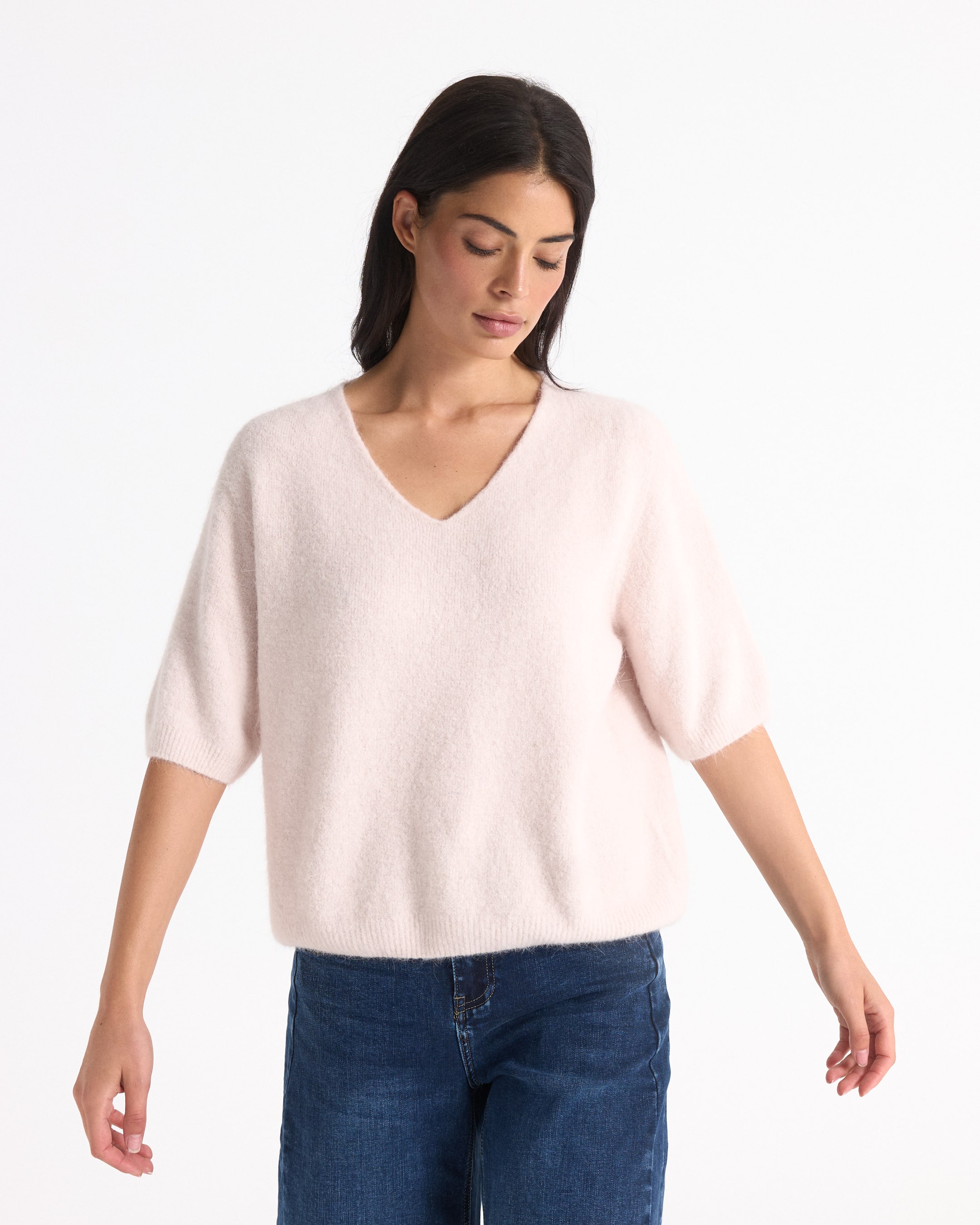 trui, pullover, v-hals, lichtroze, brei