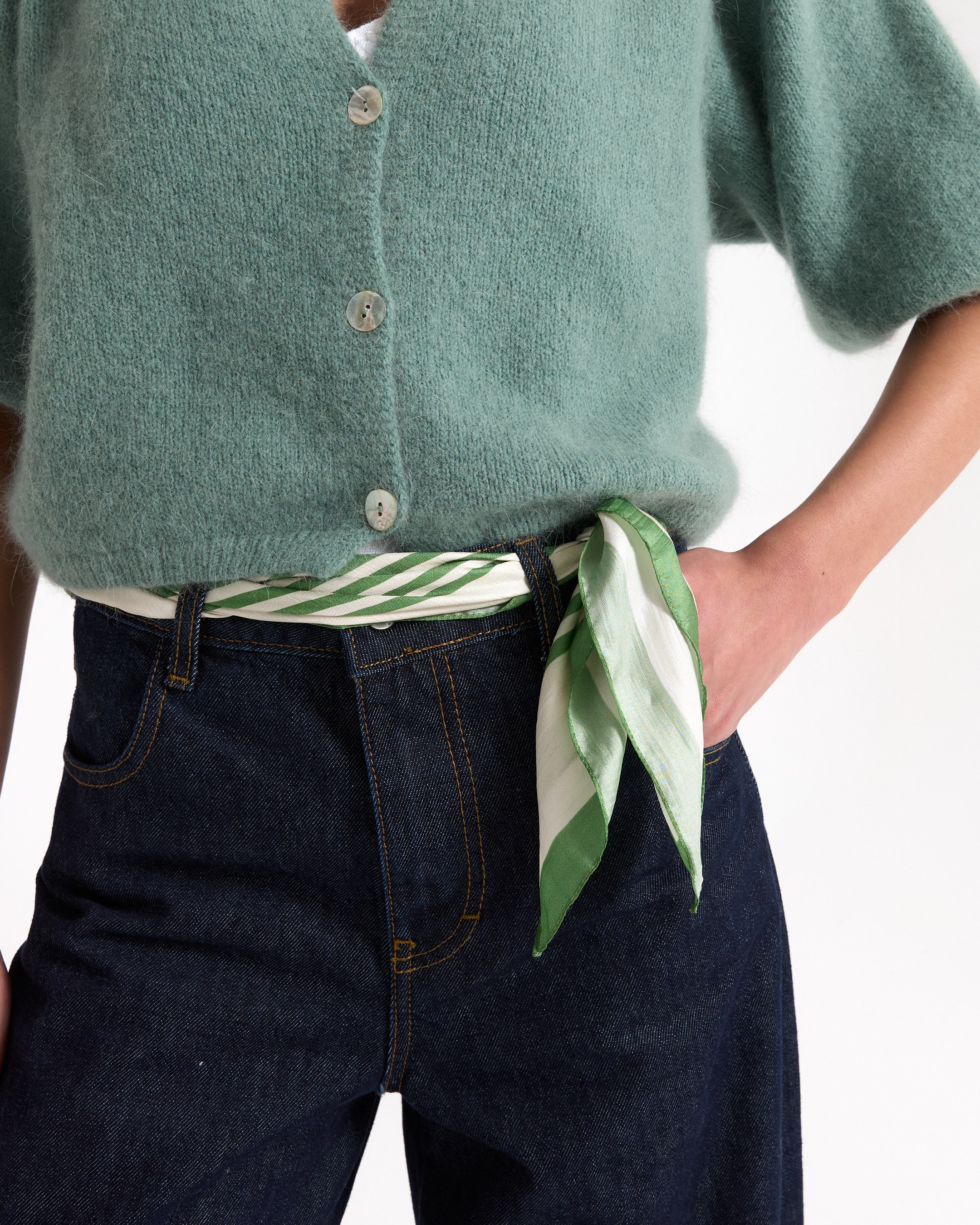 cardigan, breip, groen, knooploze, sjaal