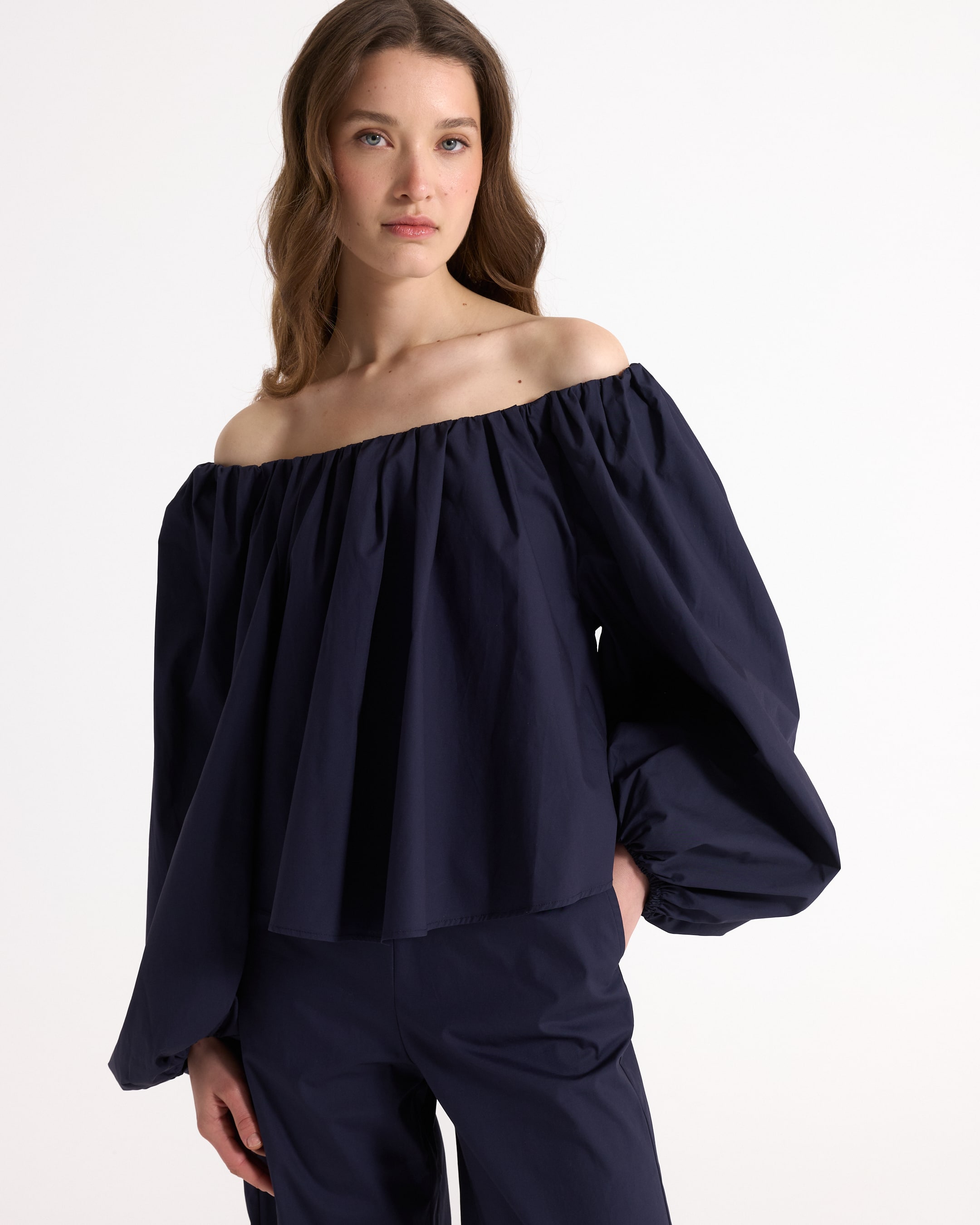offschouders, navyblouse, blouse, pofmouwen, top