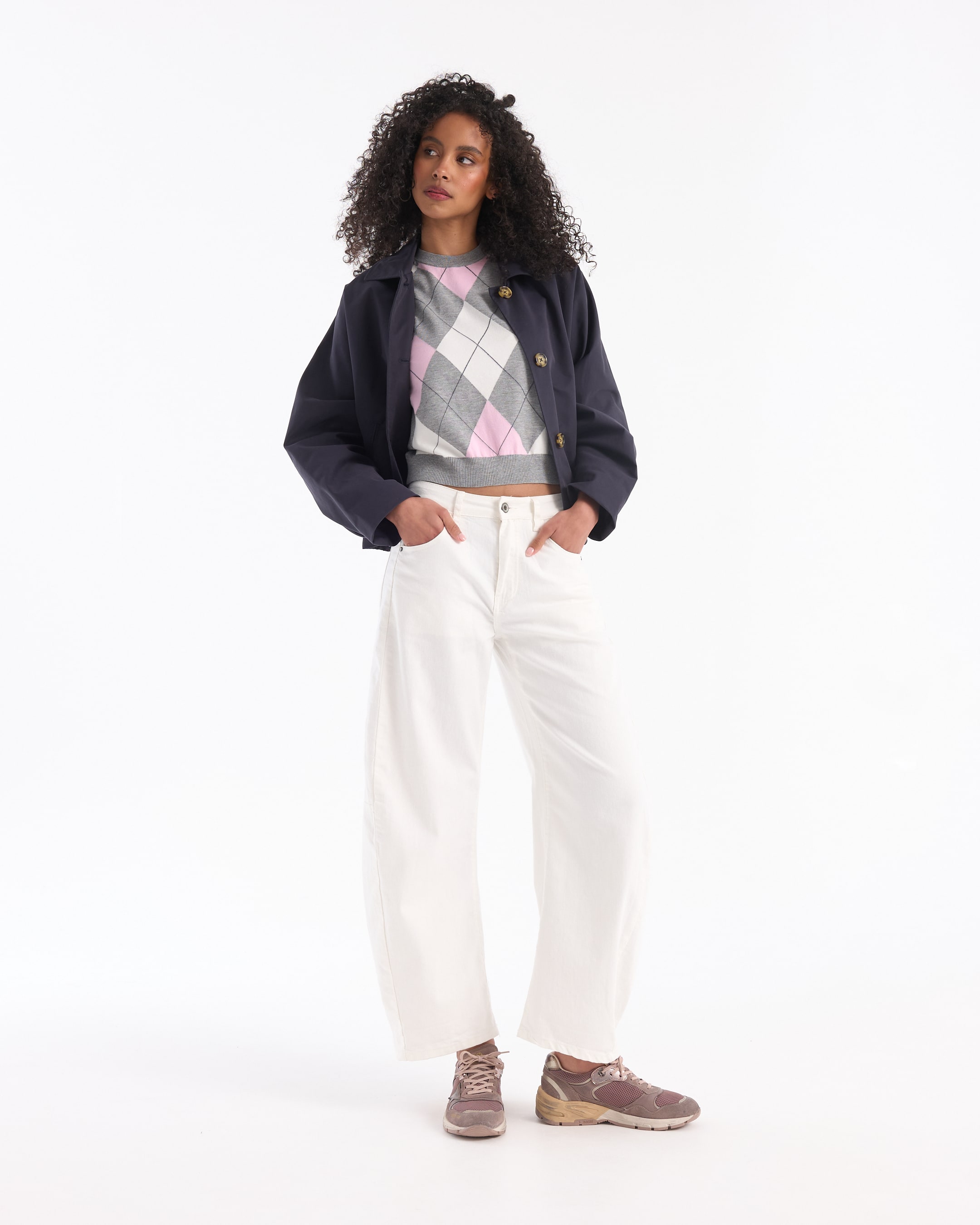 jas, gilet, trui, wijd uitlopende broek, argyle patroon