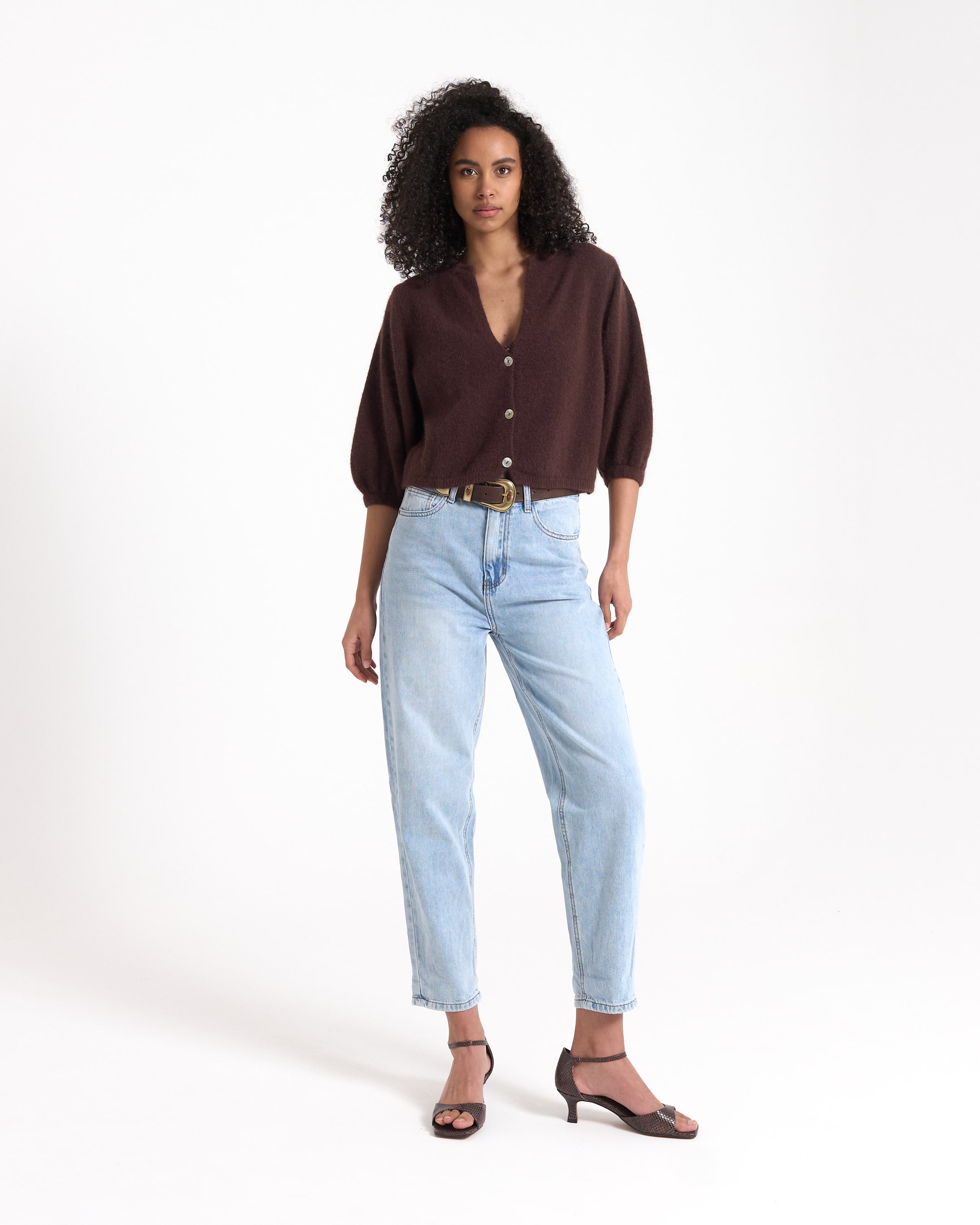 cardigan, bruin, v-hals, knopen, lange mouwen